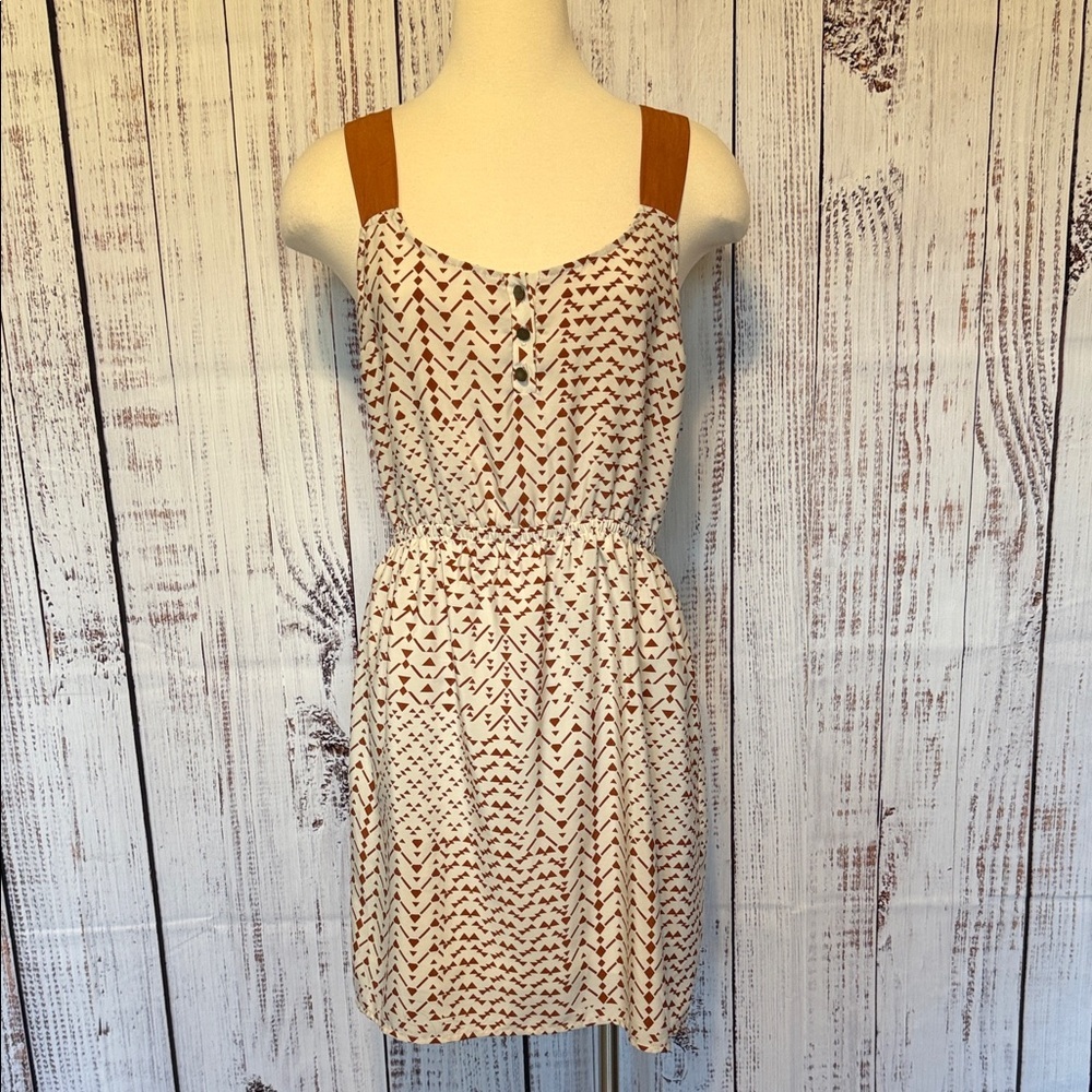 Lush Cream Mini Dress with‎ Rust Straps and Geometric Print
